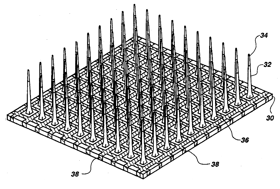 Patent drawing of a square array of one hundred needle-like electrodes.